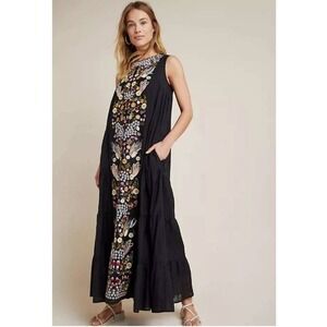 Samant Chauhan Anthropologie Black Embroidered‎ Bird Floral Tiered Maxi Dress 0